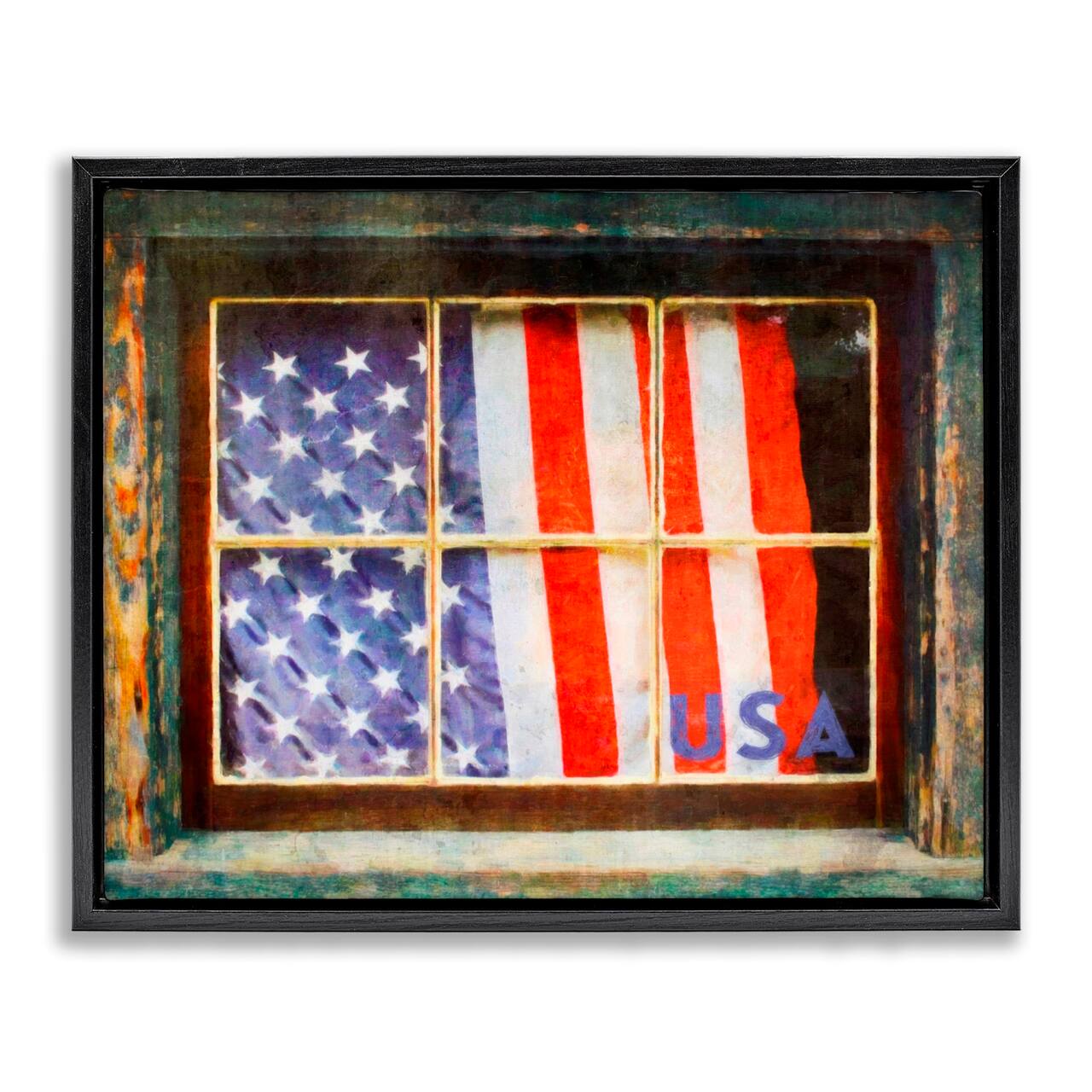 Stupell Industries Patriotic American Flag Rustic Window Festive Home Floater Framed Art